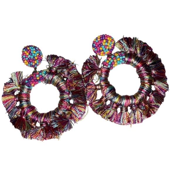Jewelry - Colorful Boho Statement Hoop Earrings Multicolor Thread & Bead Pierced